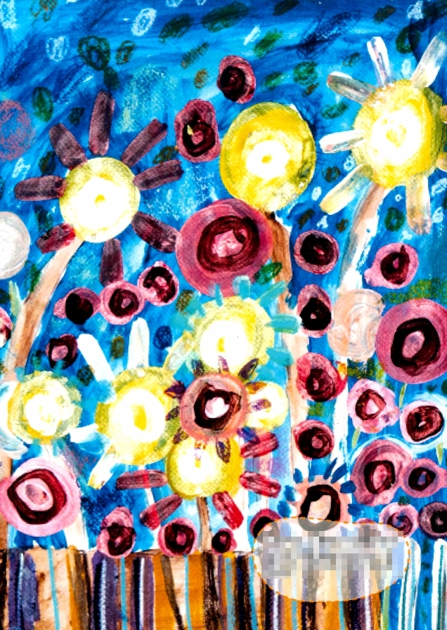 小朋友繪畫朵朵向日葵表達對親人的想念