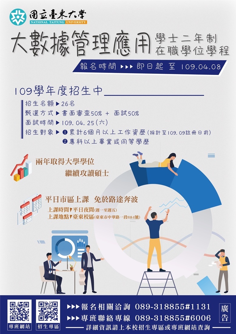 國立臺東大學為符應時代潮流，特別結合校內專業師資，開設「大數據管理應用學士二年制在職專班」，培養新時代人才。