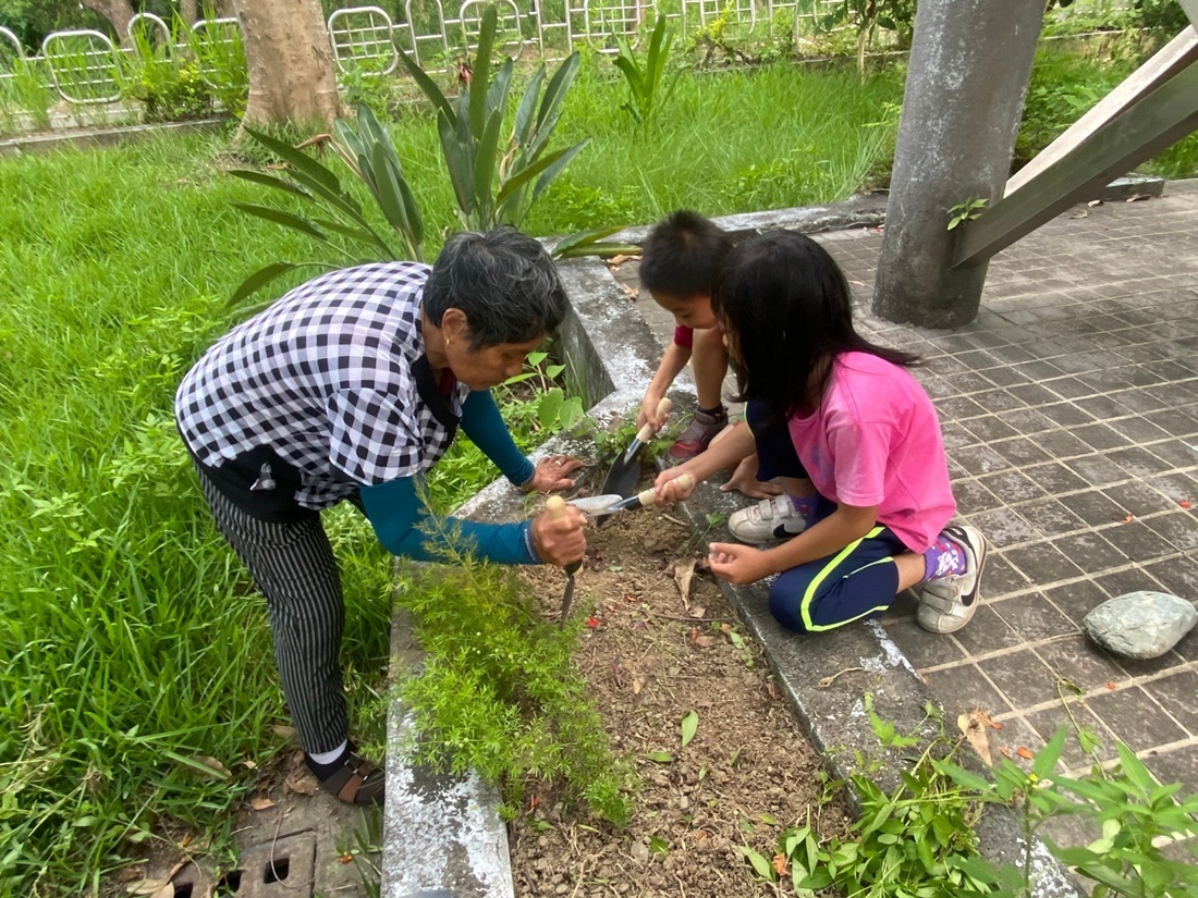 池上有福館開闢了菜園區、香草植物區，讓長輩與小朋友一起種植蔬果、香草植物，經驗傳承，收成後成為共餐食材，多的還能分送給附近的弱勢家庭。