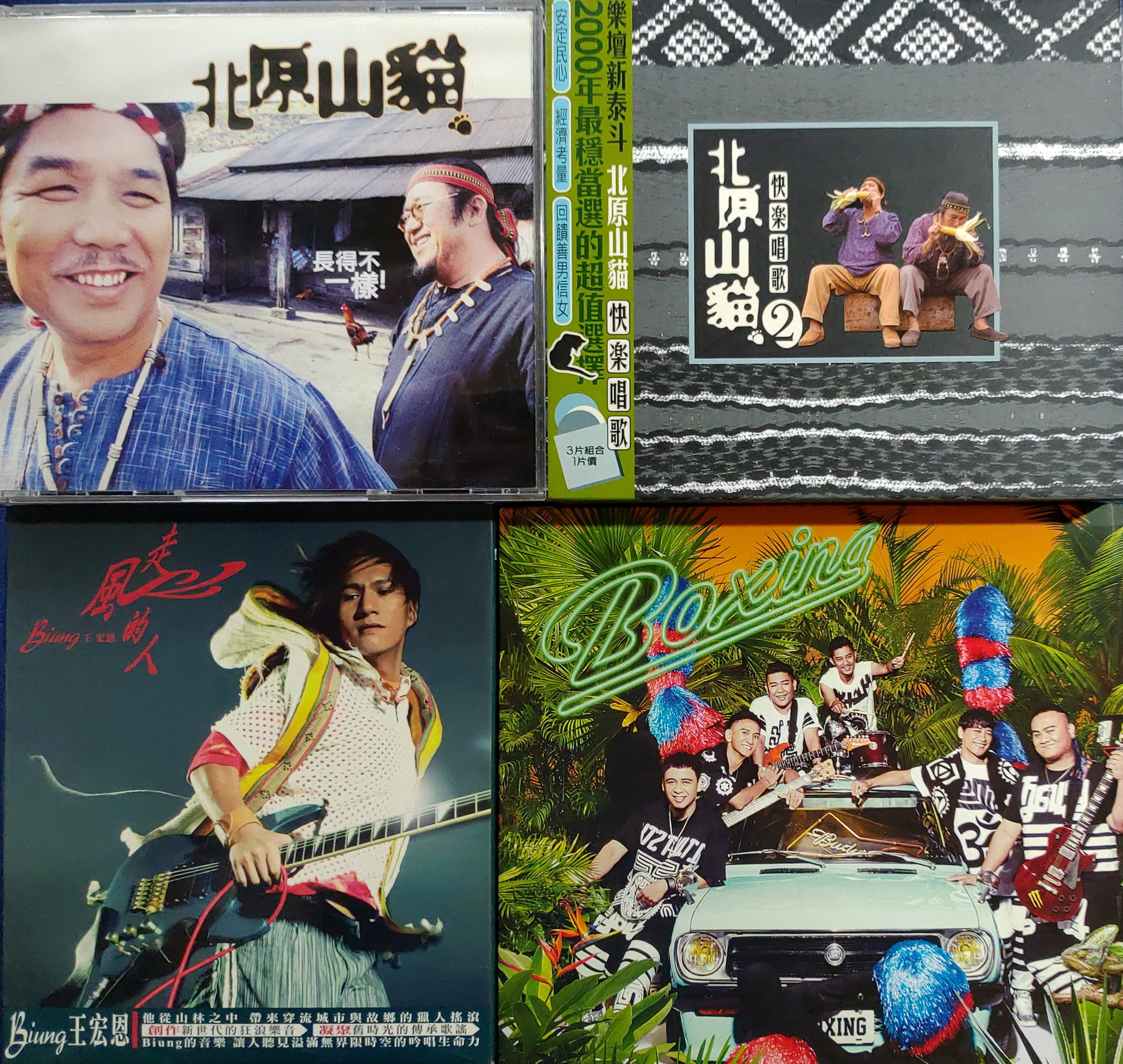 （左上起順時鐘）北原山貓《長得不一樣》、北原山貓《快樂唱歌2》、BOXING樂團《野生BOXING》、王宏恩《走風的人》專輯封面