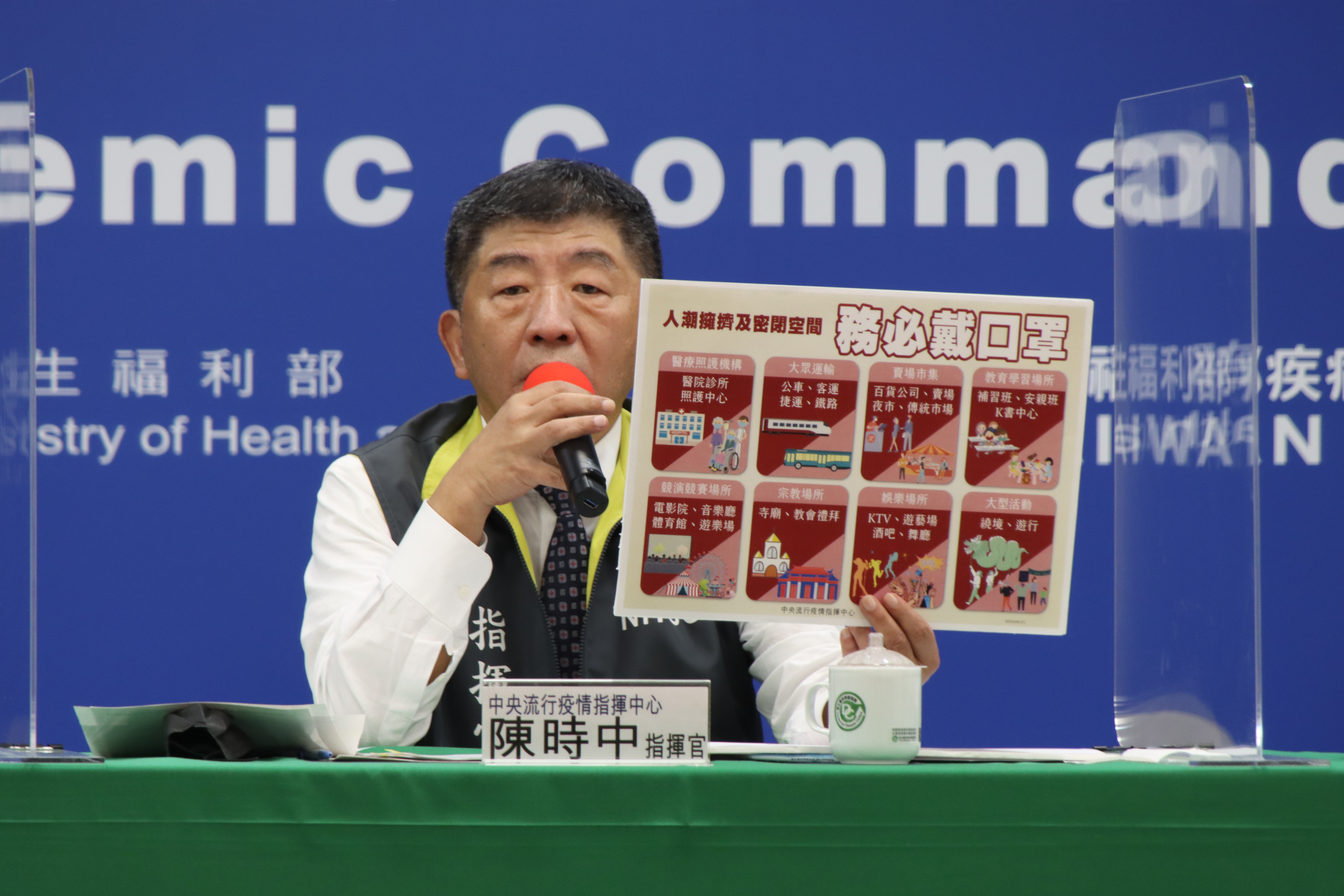 出入八大類場所務必佩戴口罩，必要時可依地方公告予以裁罰。