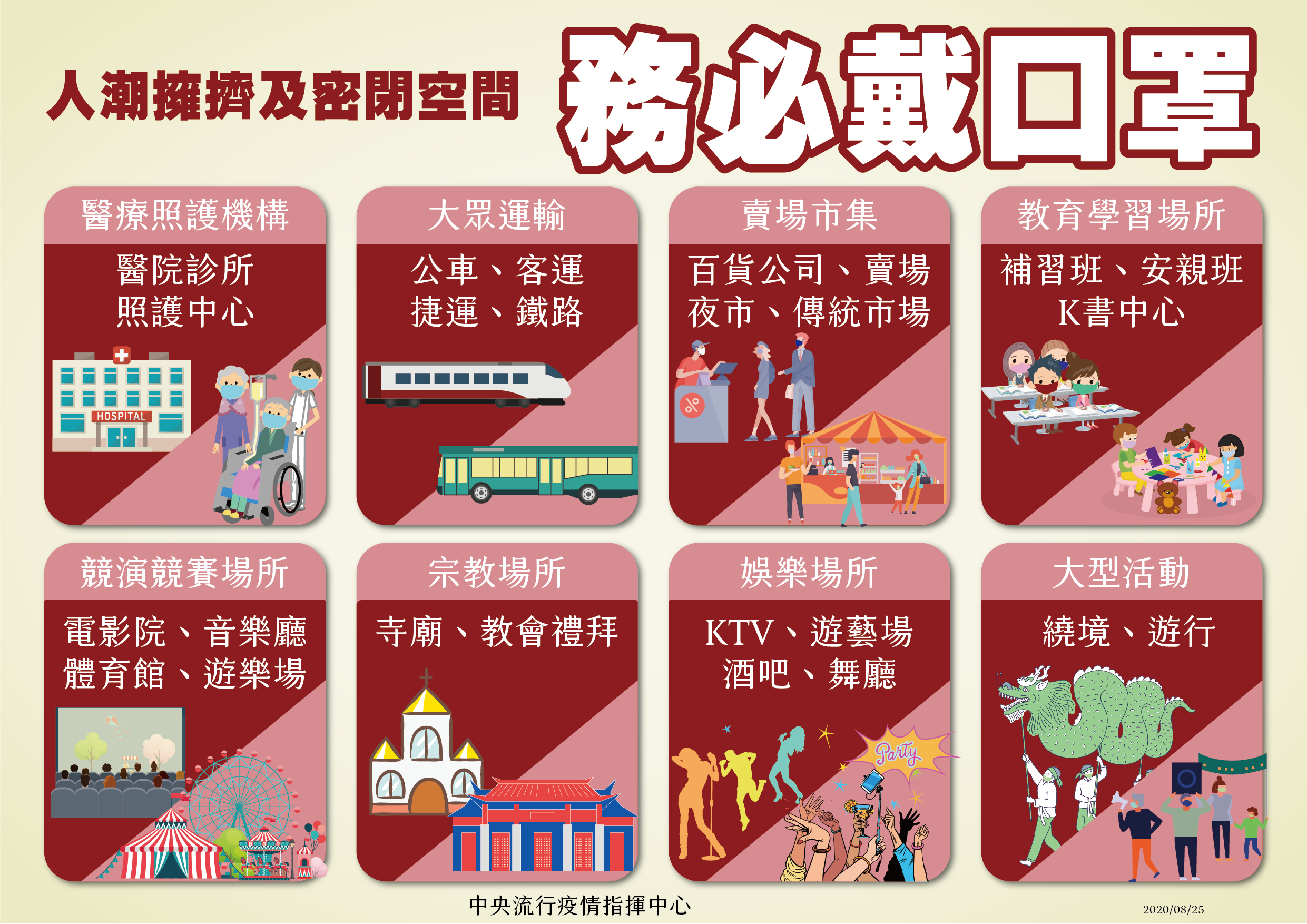 人潮擁擠及密閉空間務必戴口罩。