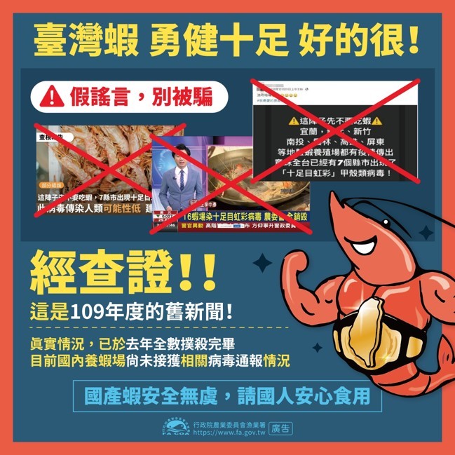 近日社群平台與群組流傳「十足目虹彩甲殼類病毒，不要吃蝦」的訊息，漁業署澄清表示，這是去(109)年的舊報導，漁業署已在109年及今年初，針對國內螯蝦養殖場進行全面採樣監測及調查訪視，僅剩零星螯蝦場陽性，並已全數清除銷毀。(漁業署提供)