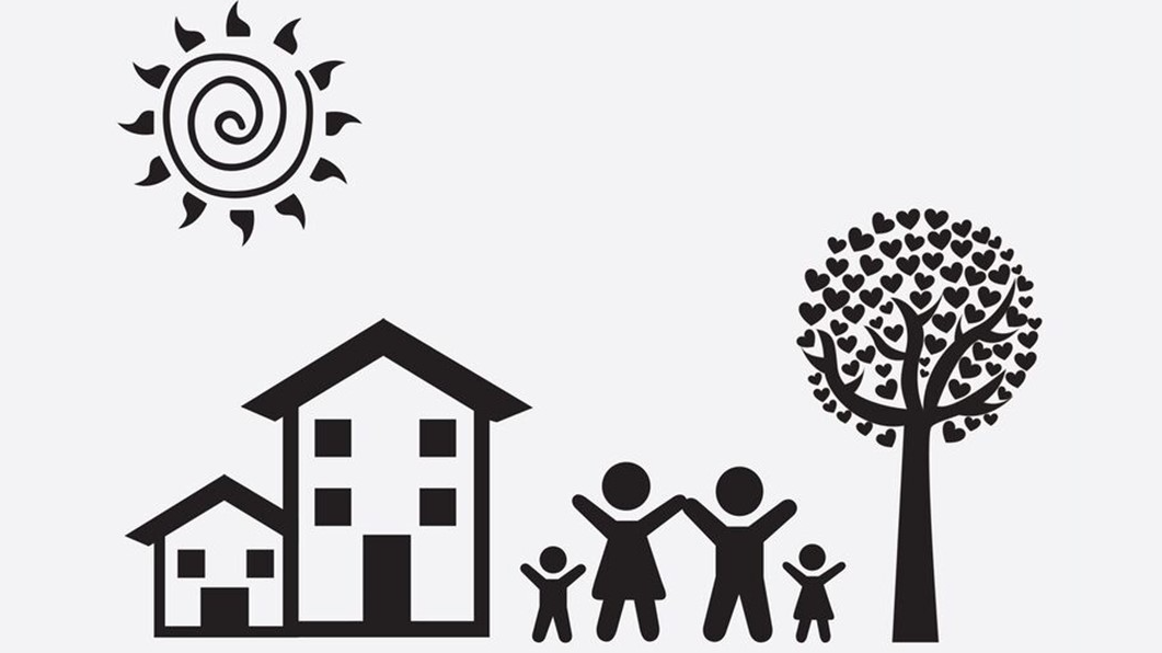 Family and landscape over white background