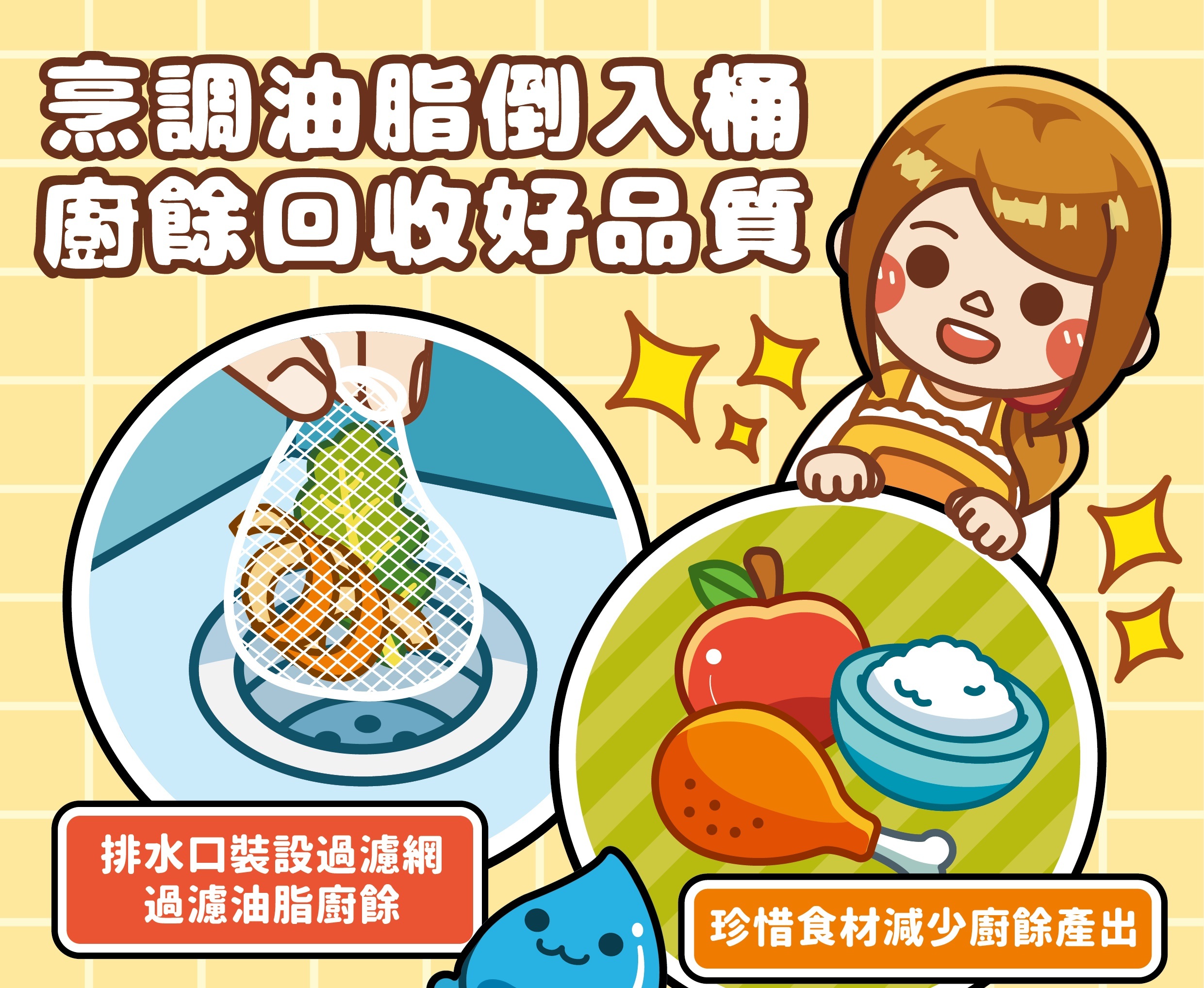 臺北市環保局提醒民眾家中烹調油脂倒入桶，做好廚餘回收，打造美好生活