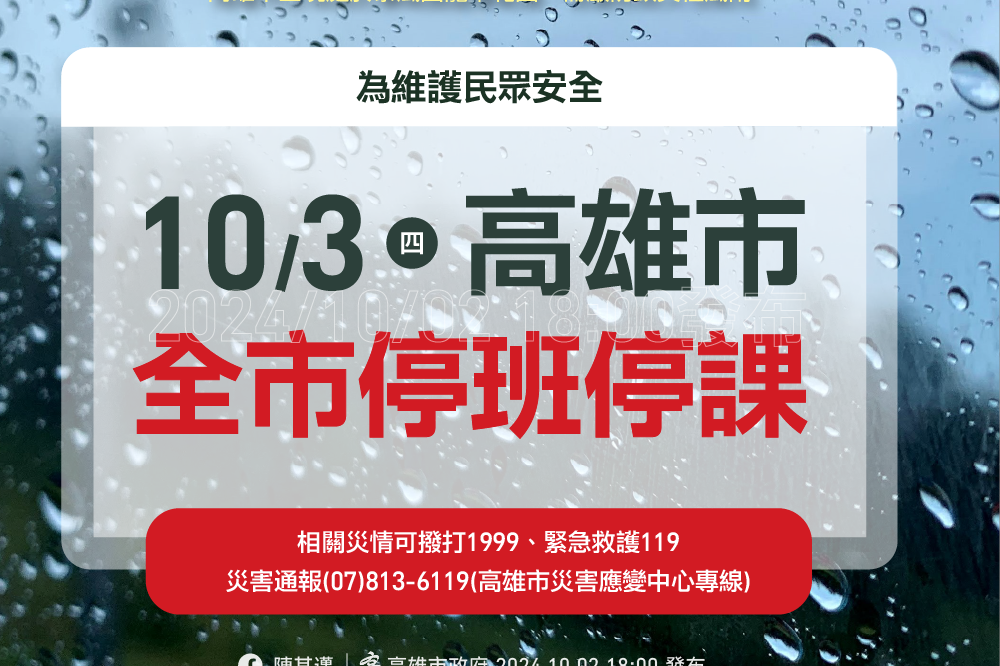 高雄市明(10/3)達停班停課標準 停止上班上課