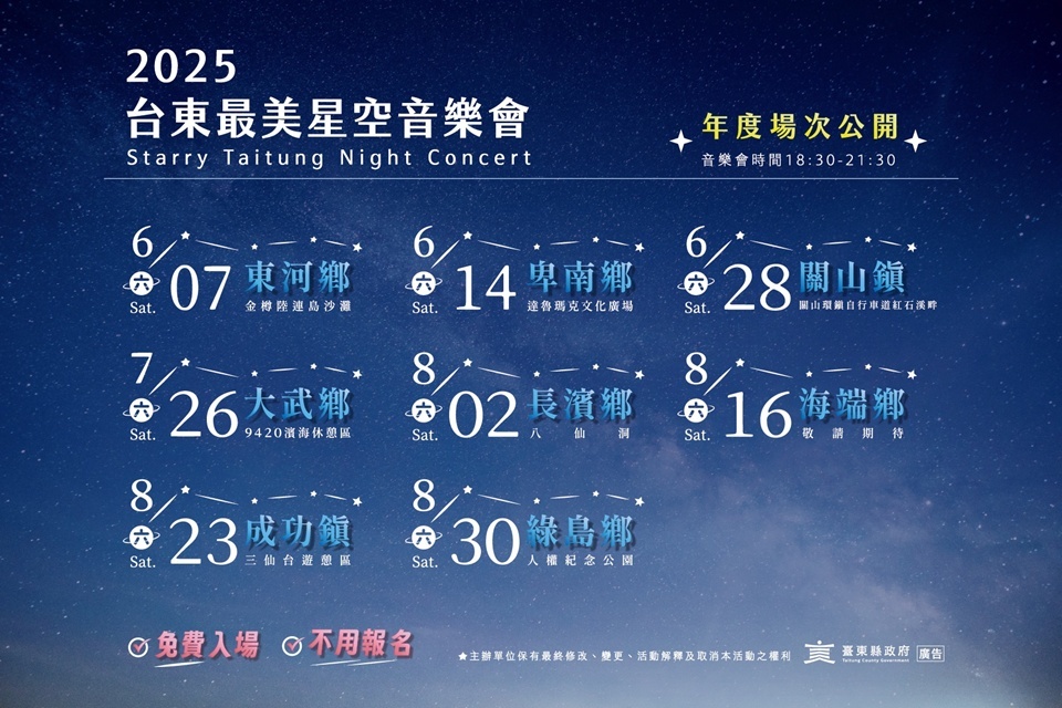 2025臺東最美星空音樂會場次公布，臺東縣政府今年擴大舉辦，期間共計8場次，邀全國民眾一起東漂追星。