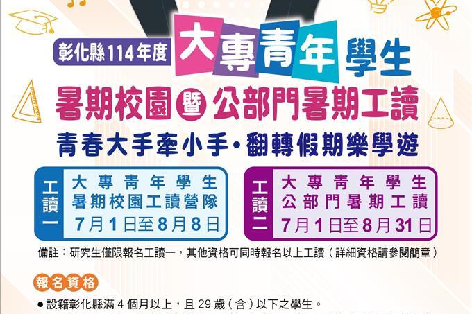 彰化縣114年度大專青年學生暑期校園暨公部門暑期工讀開放報名（圖源：彰化縣政府）