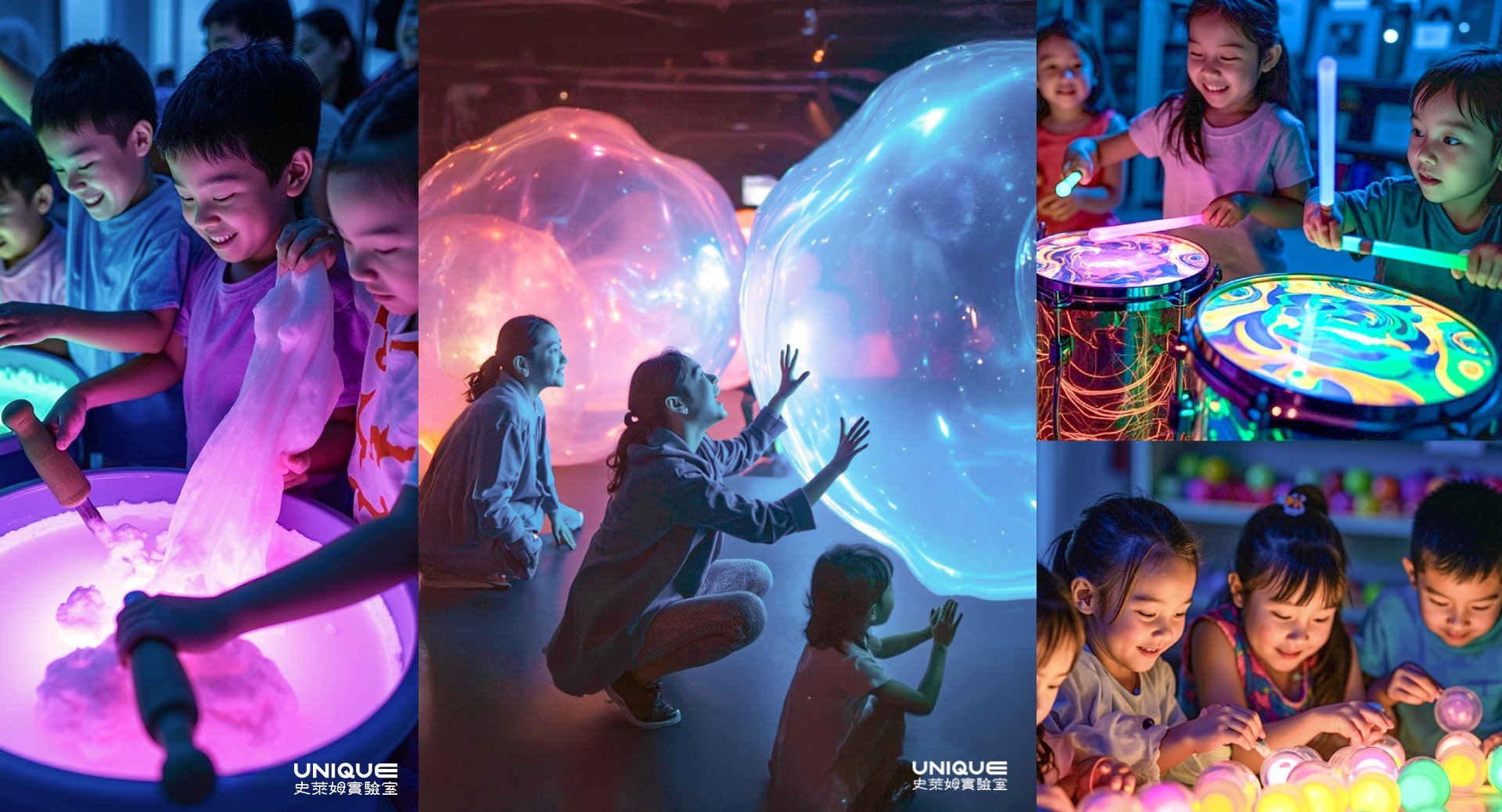 「UNIQUE史萊姆實驗室」沒有框架也從不設限，無盡探索成就孩子的驚奇之旅。(遊玩示意照，實際設計以現場為主)