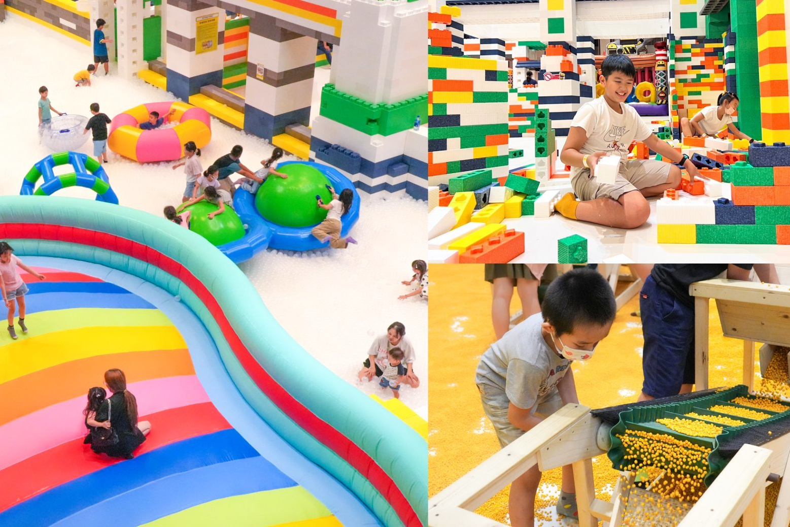 200坪White Ocean超大球池與雲朵氣墊盡情蹦跳，還有獨家韓國巨型EPP無毒積木自由發揮創意。(科教館提供)