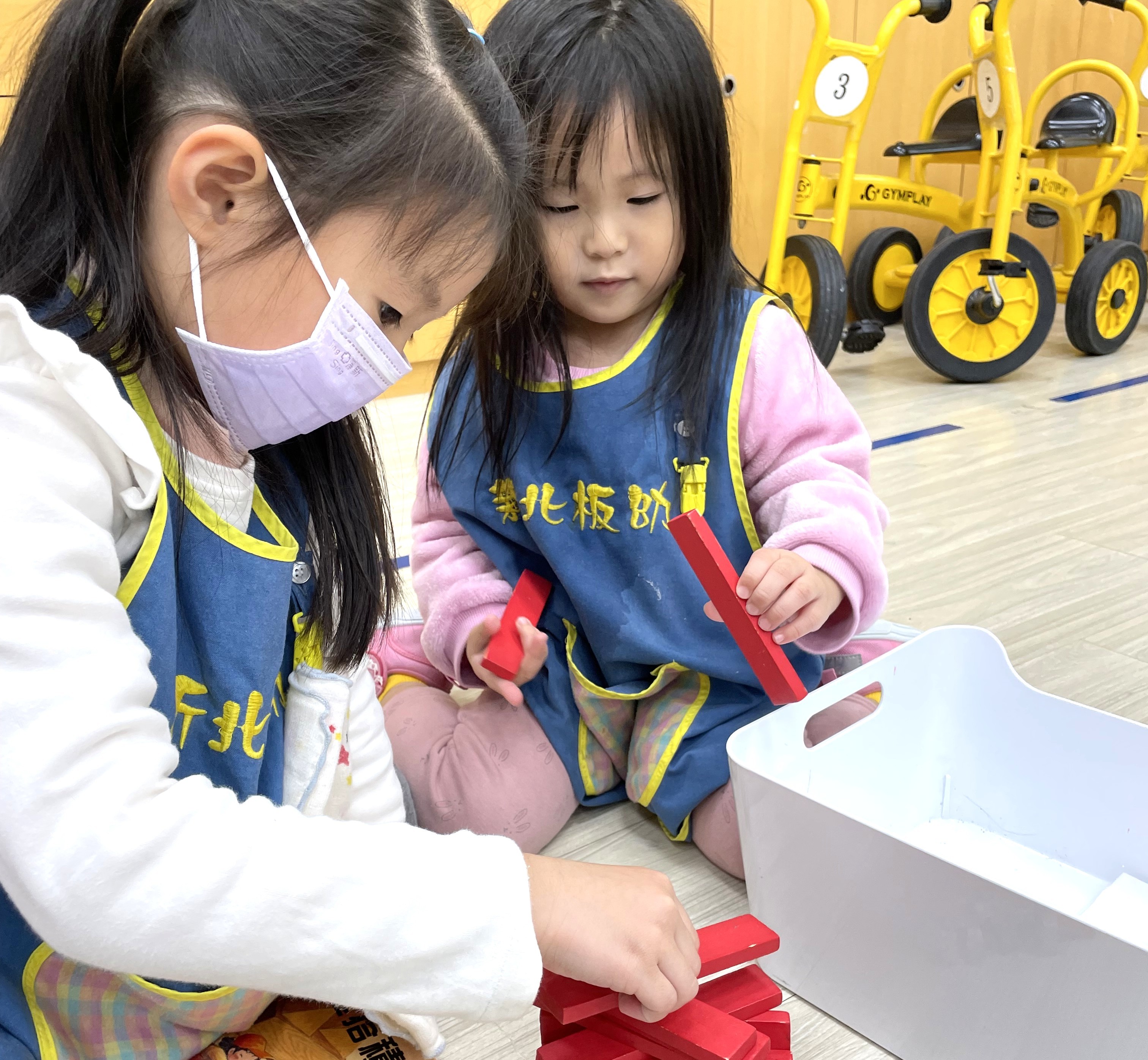 幼生們一起合作玩積木