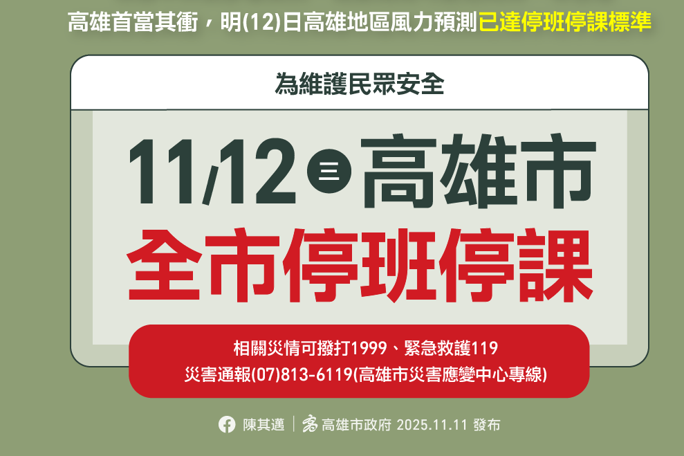 達停班停課標準 高雄市11/12停止上班、上課